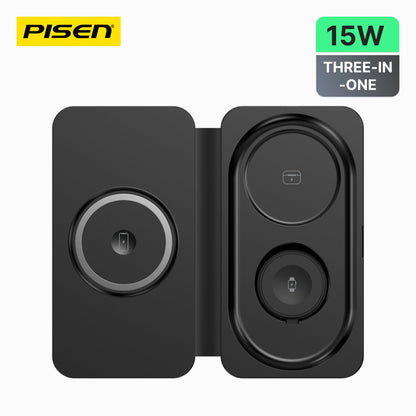 PISEN 3-in-1 Travel Magnetic Wireless Charger – Foldable MagSafe Charger for Phone, Watch & Earbuds (F6)