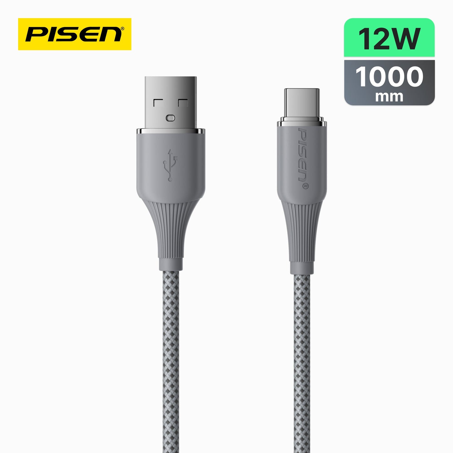 PISEN NoirSync USB-A to USB-C Cable – 12W Charging & Sync Cable, Grey (TC-FC31-1000)
