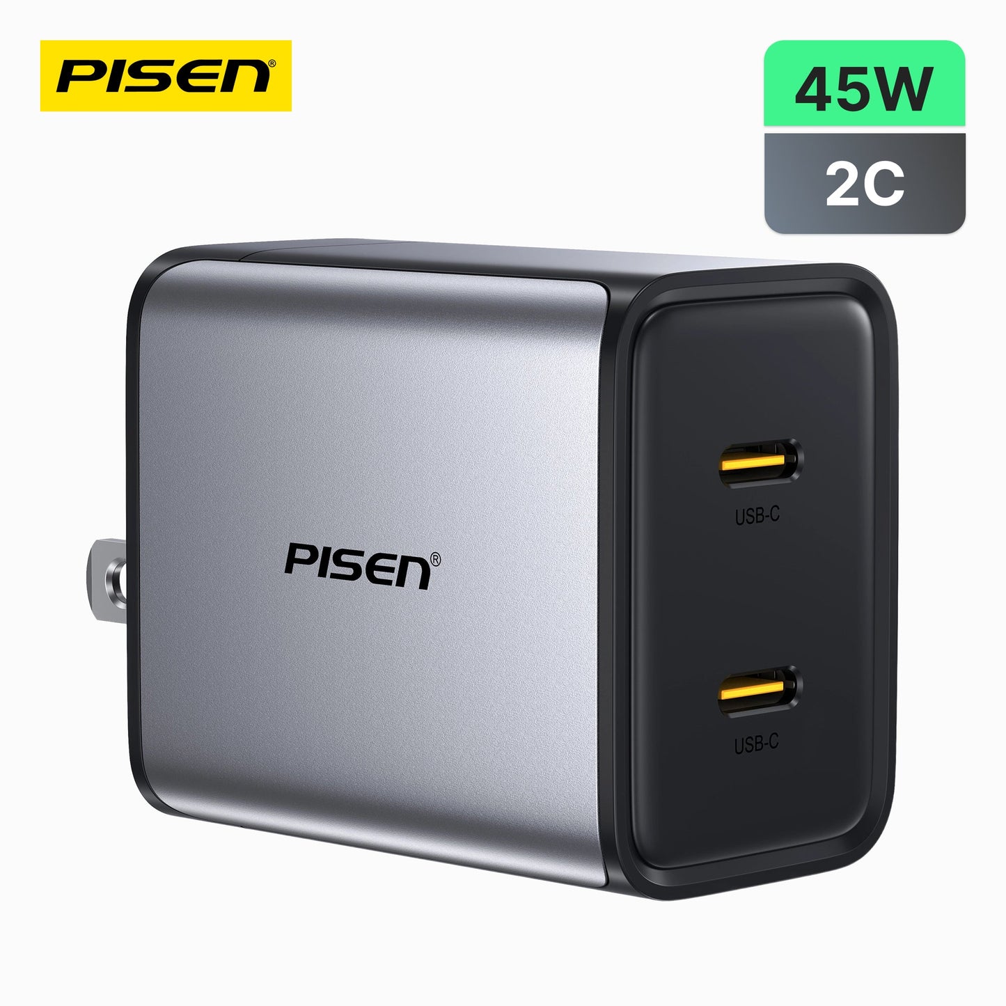 PISEN BOLT Utility 45W 2-Port GaN Fast Charger – Compact USB-C Wall Charger (TP-C65)