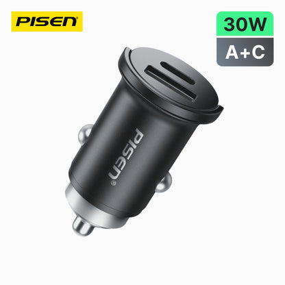 PISEN QUICK 30W Mini Car Charger – USB-C + USB-A Fast-Charging Adapter (TP-C73)