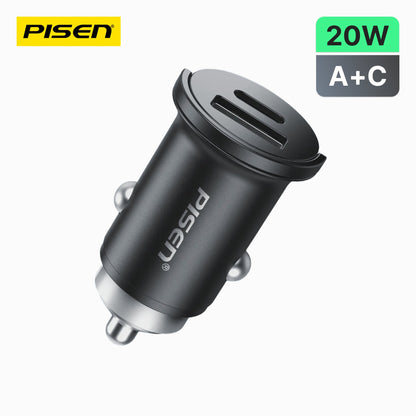 PISEN QUICK 20W Mini Car Charger – USB-C + USB-A Fast-Charging Adapter (TP-C77)