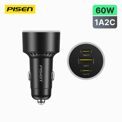 PISEN 60W Car Charger – 3-Port 2C1A Fast-Charging Adapter, Black (TP-C79)