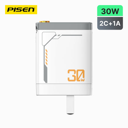 PISEN 30W GaN Retractable Cable Charger – USB-C Fast Wall Charger with Built-In Cable (TP-C82)