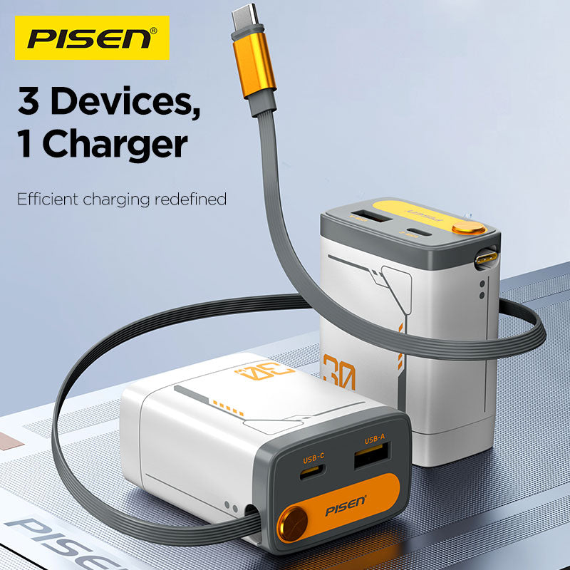 PISEN 30W GaN Retractable Cable Charger – USB-C Fast Wall Charger with Built-In Cable (TP-C82)