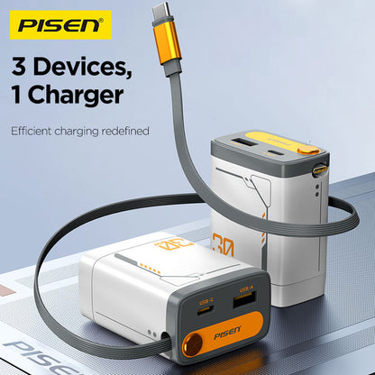 PISEN 30W GaN Retractable Cable Charger – USB-C Fast Wall Charger with Built-In Cable (TP-C82)