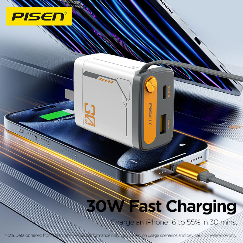 PISEN 30W GaN Retractable Cable Charger – USB-C Fast Wall Charger with Built-In Cable (TP-C82)