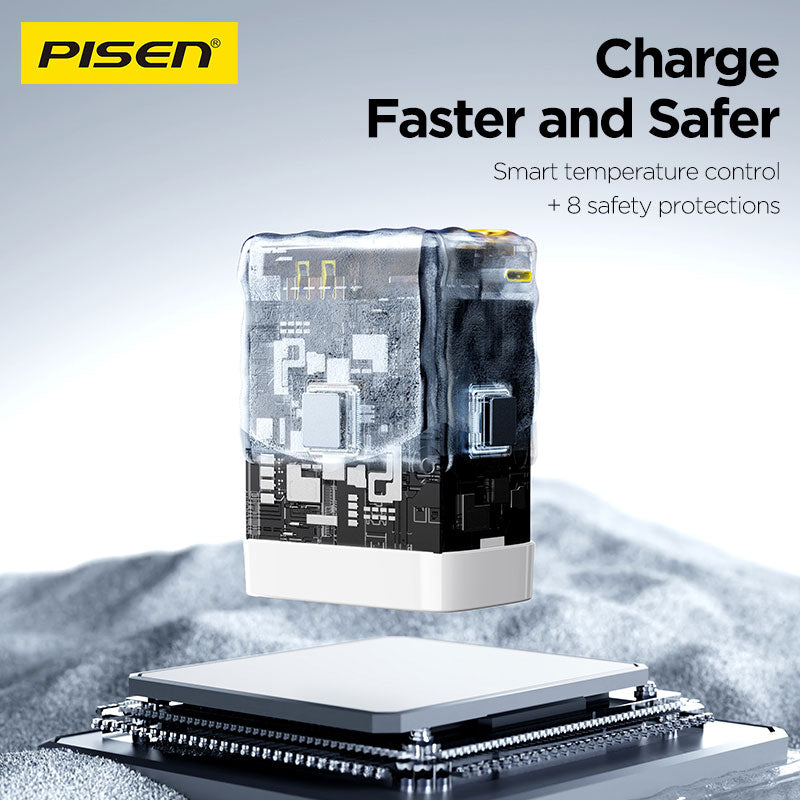 PISEN 30W GaN Retractable Cable Charger – USB-C Fast Wall Charger with Built-In Cable (TP-C82)