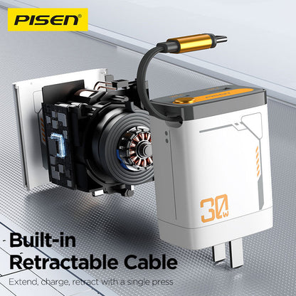 PISEN 30W GaN Retractable Cable Charger – USB-C Fast Wall Charger with Built-In Cable (TP-C82)