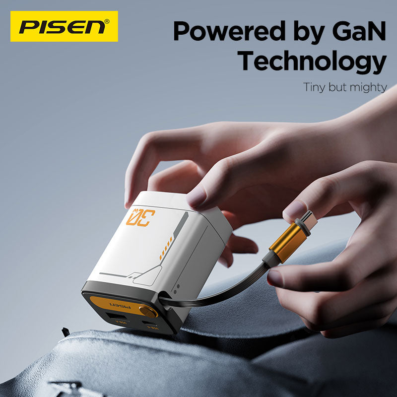 PISEN 30W GaN Retractable Cable Charger – USB-C Fast Wall Charger with Built-In Cable (TP-C82)