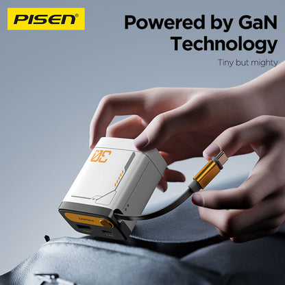 PISEN 30W GaN Retractable Cable Charger – USB-C Fast Wall Charger with Built-In Cable (TP-C82)