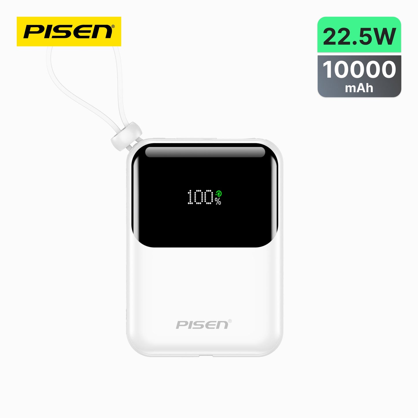 PISEN Sunny Power 22.5W Mini Power Bank 10000mAh – Compact Charger with Two Built-In Cables (TP-D096)