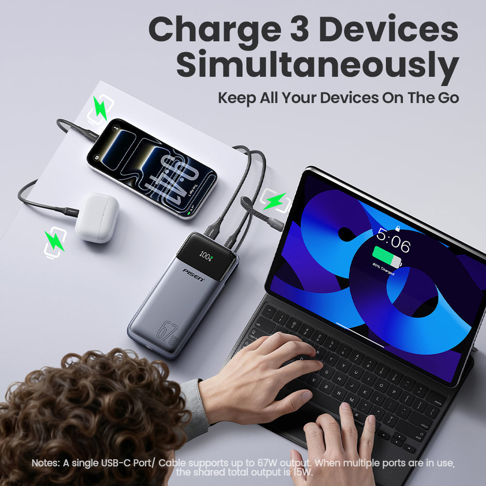 PISEN Bolt 67W 20000mAh Power Bank – Fast-Charging USB-C Portable Charger (TP-D108)