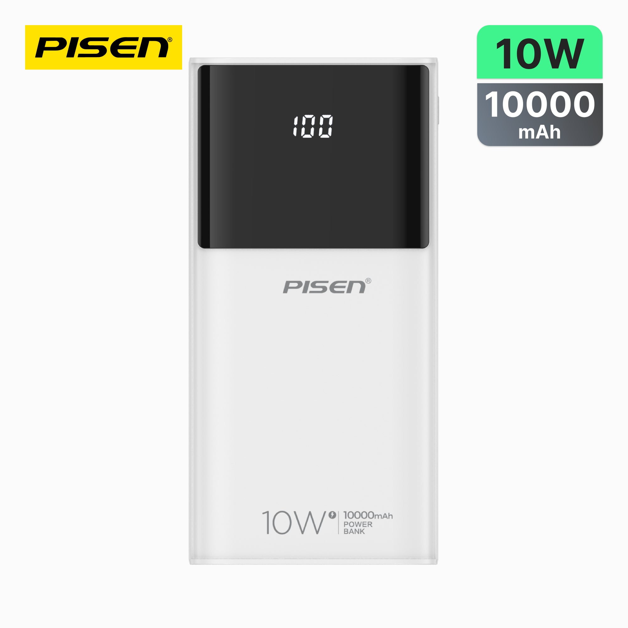 PISEN Mr White 10000mAh Power Bank – Portable Charger with Digital Display, White (TP-D33)