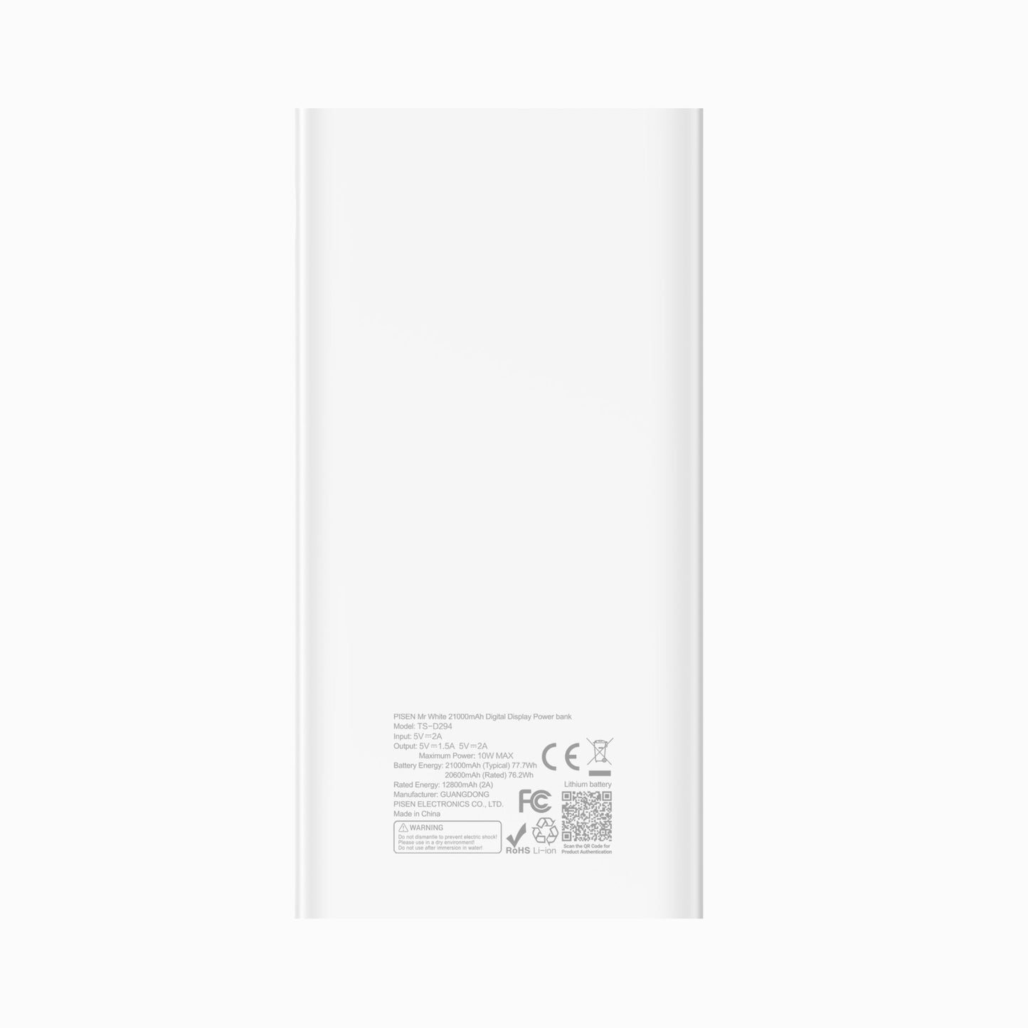 PISEN Mr White 21000mAh Power Bank – Portable Charger with Digital Display, White (TS-D294)