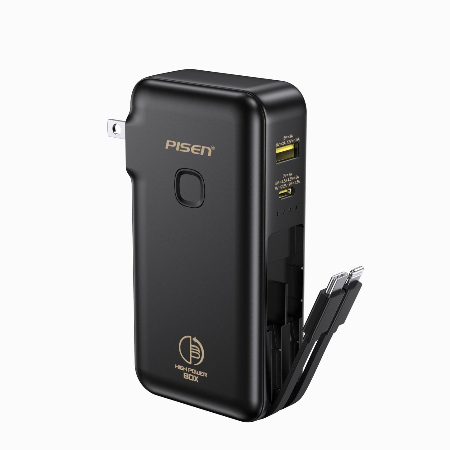 PISEN High Power Box 22.5W Power Bank 10000mAh – Fast Charger with Two Built-In Cables (TS-D312)