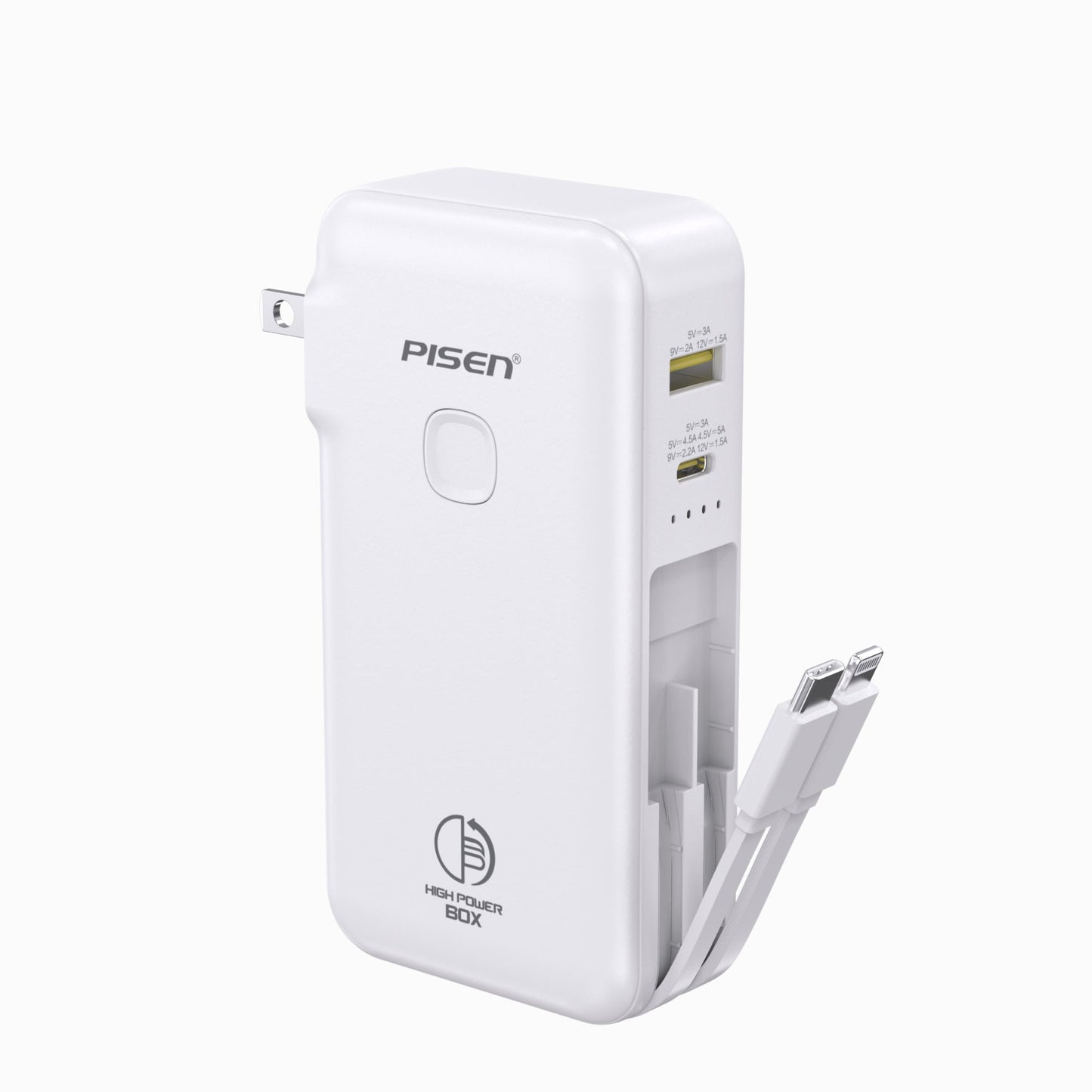 PISEN High Power Box 22.5W Power Bank 10000mAh – Fast Charger with Two Built-In Cables (TS-D312)