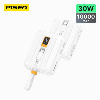 PISEN QUICK 30W Mini Power Bank 10000mAh – Fast Charger with Display & Built-In Cables (TS-D364)