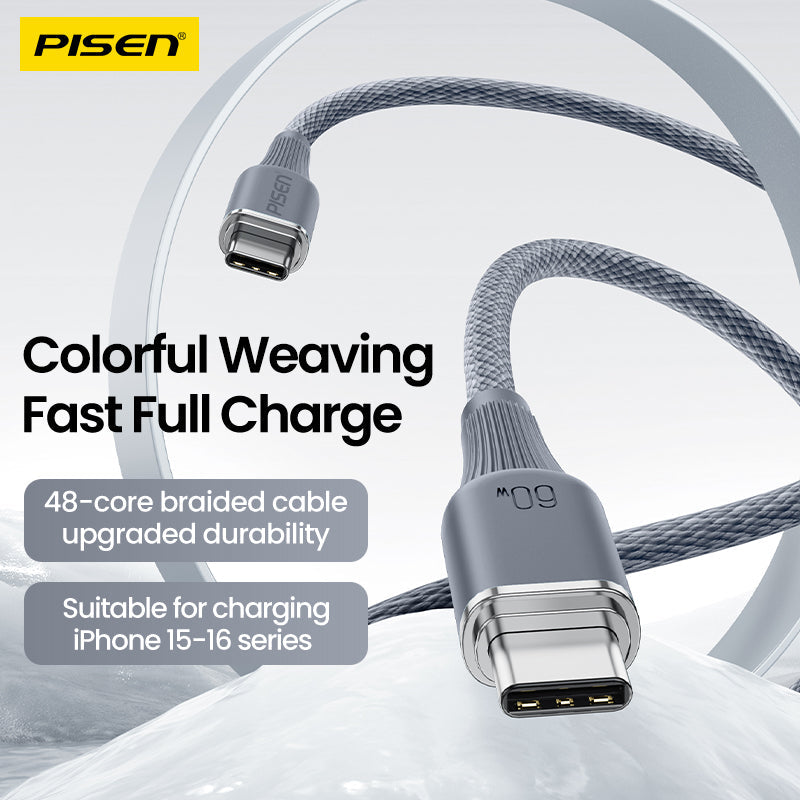 PISEN NoirSync USB-C to USB-C Cable – 60W Fast-Charging Cable, Grey (CC-FC27-1000)