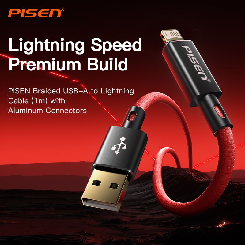 PISEN Platinum USB-A to Lightning Cable – 12W Fast-Charging iPhone Cable, Black (AL38-1000)