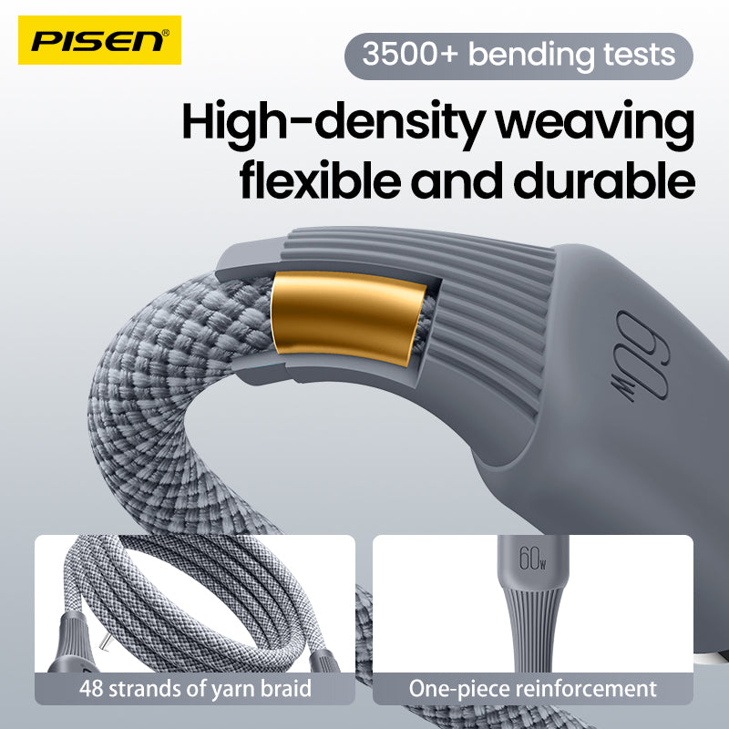 PISEN NoirSync USB-C to USB-C Cable – 60W Fast-Charging Cable, Grey (CC-FC27-1000)
