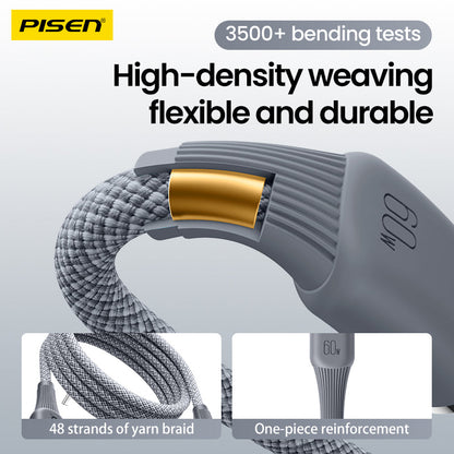 PISEN NoirSync USB-C to USB-C Cable – 60W Fast-Charging Cable, Grey (CC-FC27-1000)