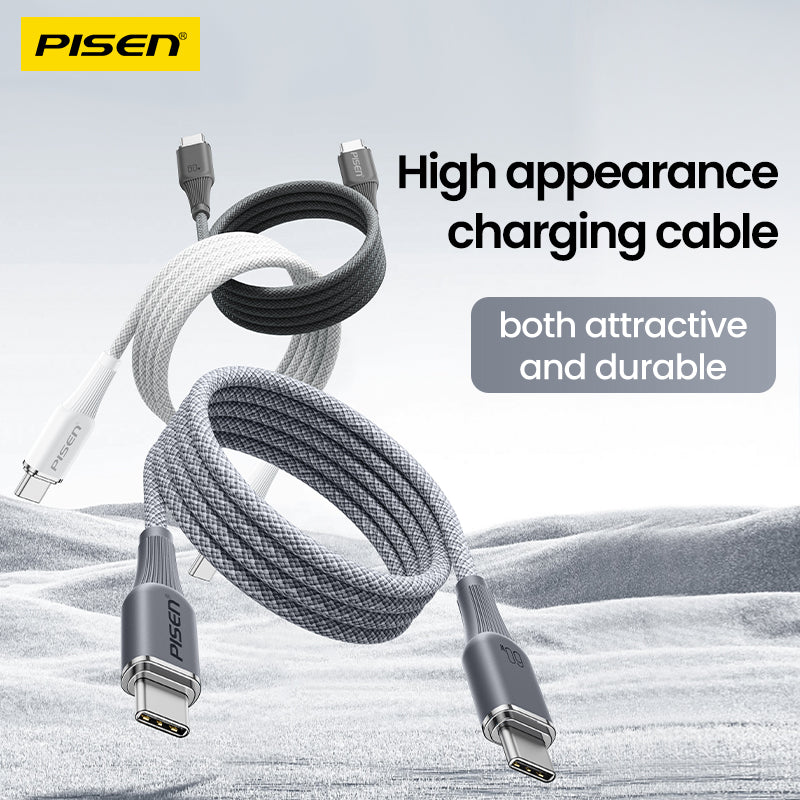 PISEN NoirSync USB-C to USB-C Cable – 60W Fast-Charging Cable, Grey (CC-FC27-1000)