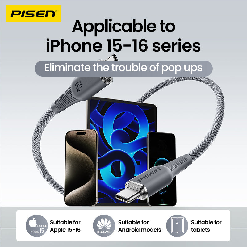 PISEN NoirSync USB-C to USB-C Cable – 60W Fast-Charging Cable, Grey (CC-FC27-1000)